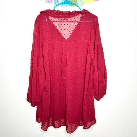 Umgee Swiss Dot Red Burgundy Boho Long Sleeve Tunic Dress Size Large - Picture 9 of 12